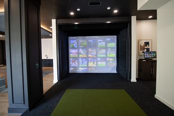 A room with a green carpet and a screen on the wall.